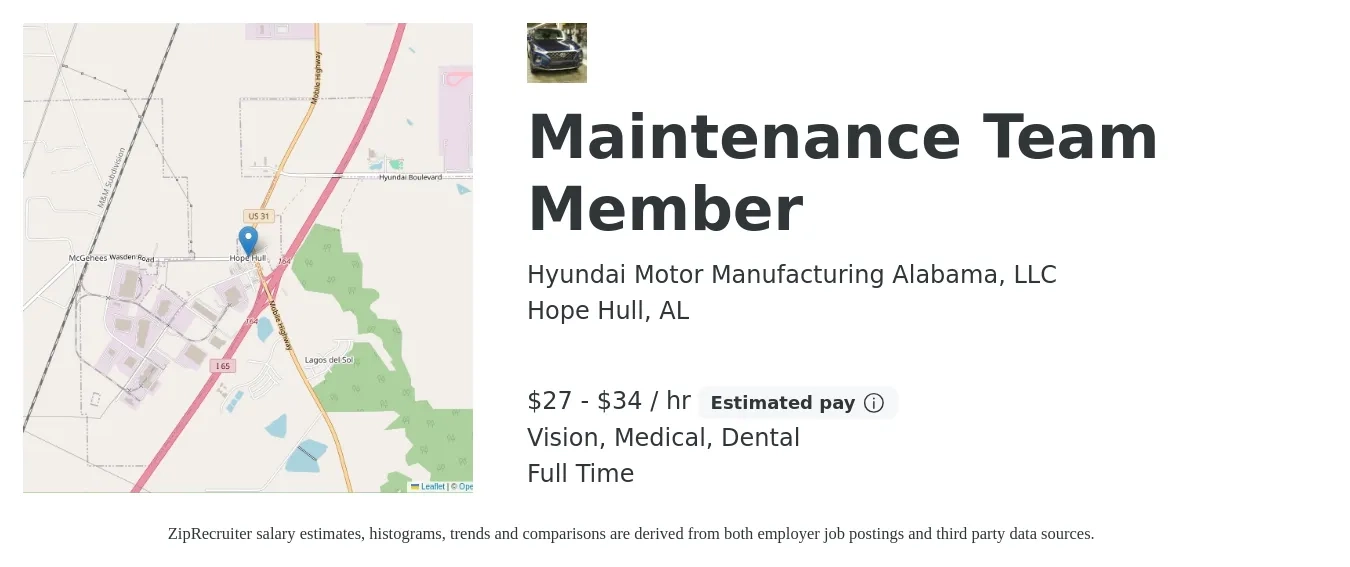 Hyundai Motor Manufacturing Alabama, LLC job posting for a Maintenance Team Member in Hope Hull, AL with a salary of $28 to $36 Hourly and benefits including pto, retirement, vision, dental, life_insurance, and medical with a map of Hope Hull location.
