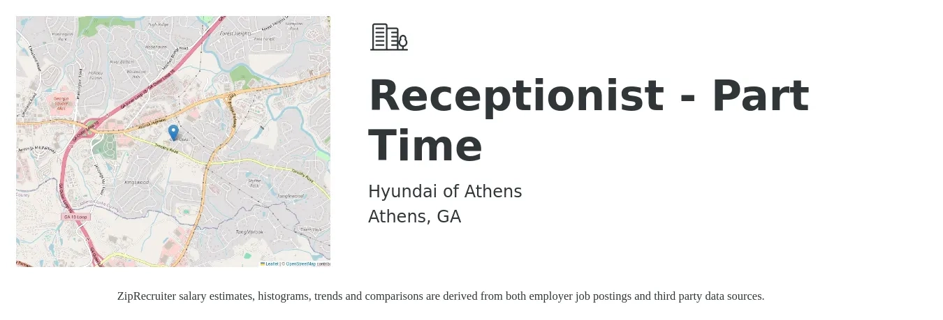 Hyundai of Athens job posting for a Receptionist - Part Time in Athens, GA with a salary of $14 to $19 Hourly with a map of Athens location.