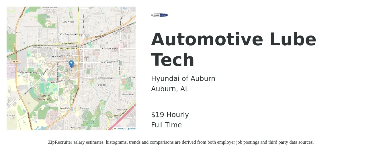 Hyundai of Auburn job posting for a Automotive Lube Tech in Auburn, AL with a salary of $20 Hourly with a map of Auburn location.