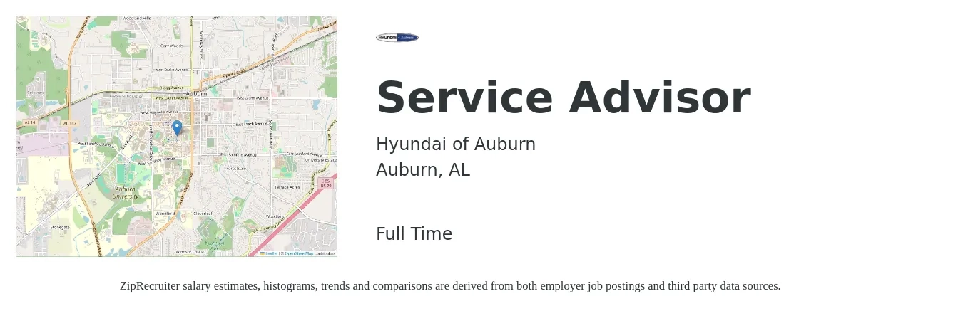 Hyundai of Auburn job posting for a Service Advisor in Auburn, AL with a salary of $16 to $26 Hourly with a map of Auburn location.