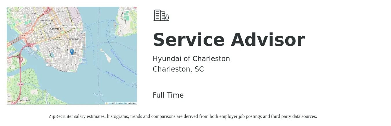 Hyundai of Charleston job posting for a Service Advisor in Charleston, SC with a salary of $18 to $29 Hourly with a map of Charleston location.