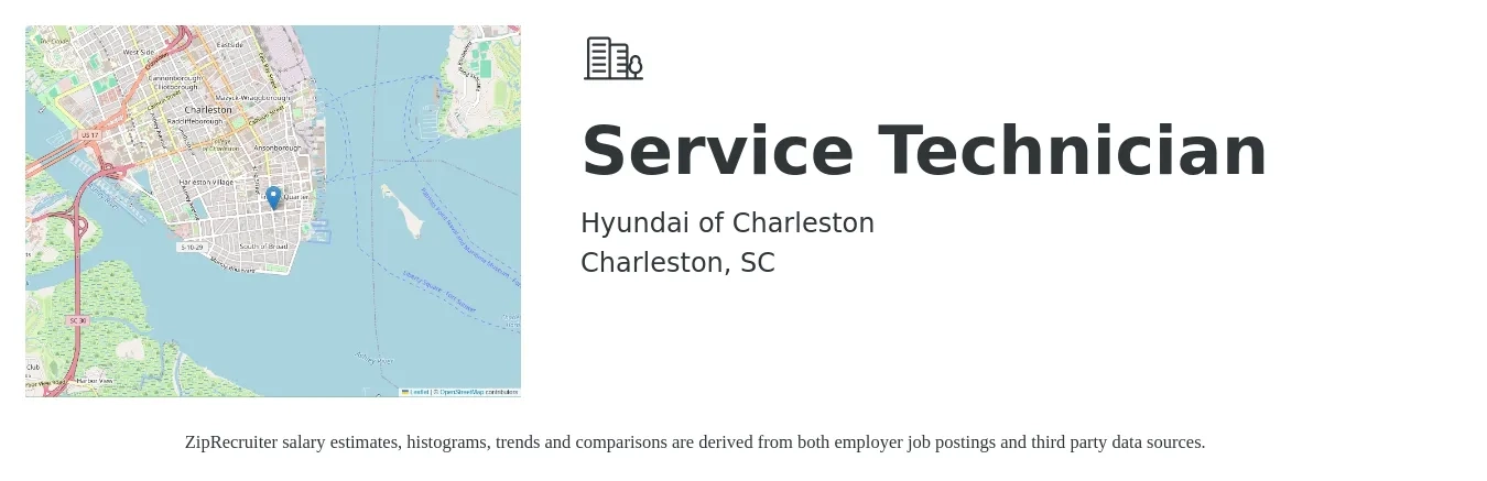 Hyundai of Charleston job posting for a Service Technician in Charleston, SC with a salary of $19 to $26 Hourly with a map of Charleston location.