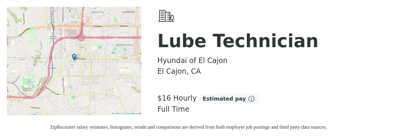 Hyundai of El Cajon job posting for a Lube Technician in El Cajon, CA with a salary of $17 to $18 Hourly with a map of El Cajon location.