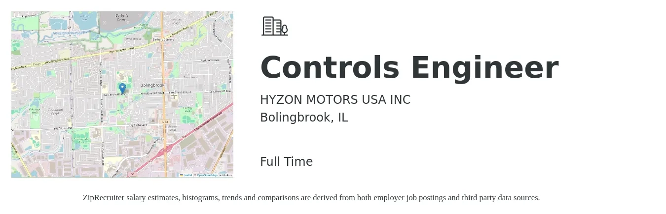 HYZON MOTORS USA INC job posting for a Controls Engineer in Bolingbrook, IL with a salary of $82,600 to $106,800 Yearly with a map of Bolingbrook location.