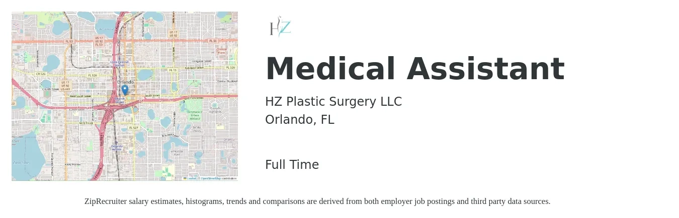 HZ Plastic Surgery LLC job posting for a Medical Assistant in Orlando, FL with a salary of $16 to $21 Hourly with a map of Orlando location.