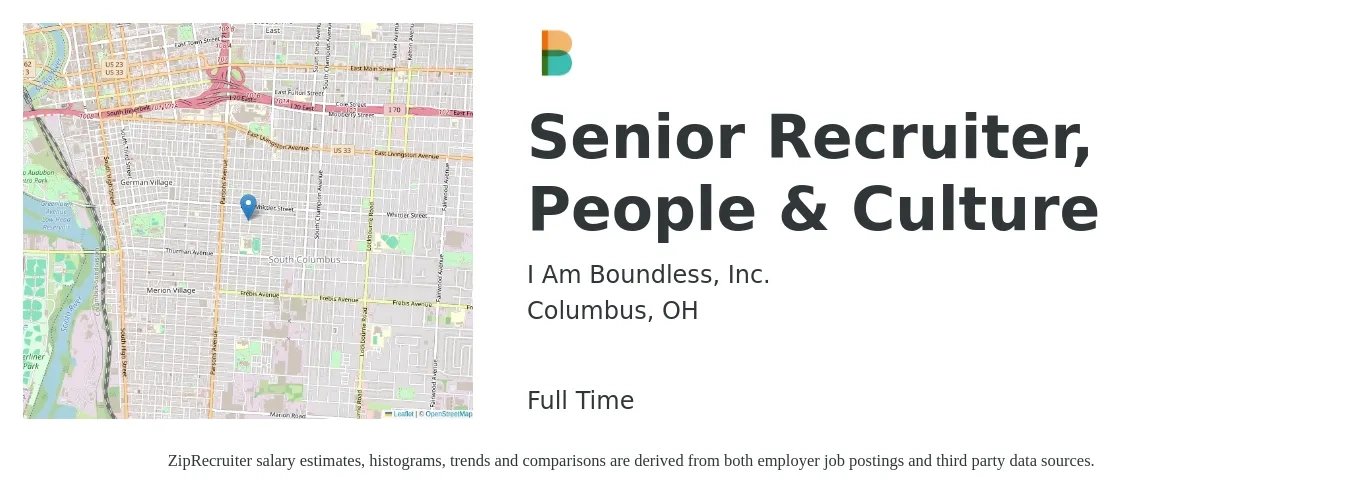 I Am Boundless, Inc. job posting for a Senior Recruiter, People & Culture in Columbus, OH with a salary of $58,400 to $93,700 Yearly with a map of Columbus location.