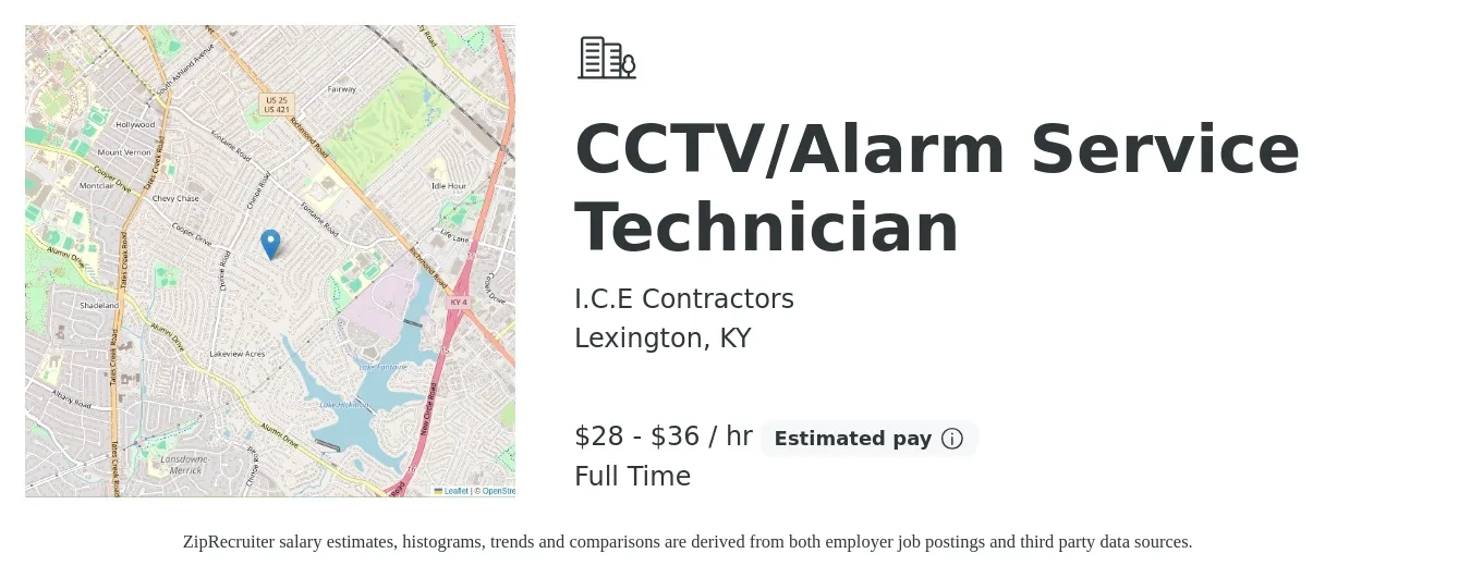 I.C.E Contractors job posting for a CCTV/Alarm Service Technician in Lexington, KY with a salary of $30 to $38 Hourly with a map of Lexington location.