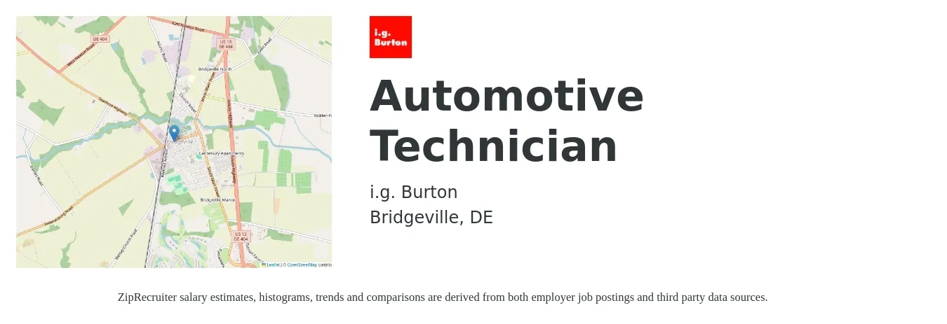 i.g. Burton job posting for a Automotive Technician in Bridgeville, DE with a salary of $20 to $31 Hourly with a map of Bridgeville location.