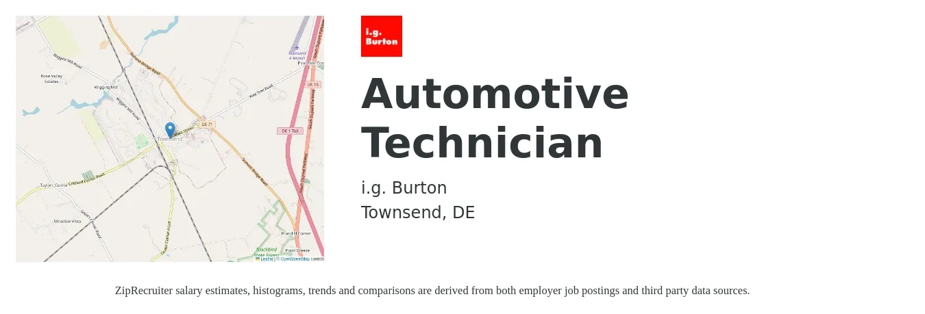 i.g. Burton job posting for a Automotive Technician in Townsend, DE with a salary of $21 to $33 Hourly with a map of Townsend location.