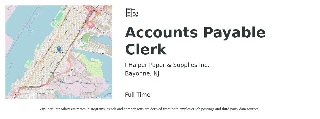 I Halper Paper & Supplies Inc. job posting for a Accounts Payable Clerk in Bayonne, NJ with a salary of $20 to $24 Hourly with a map of Bayonne location.