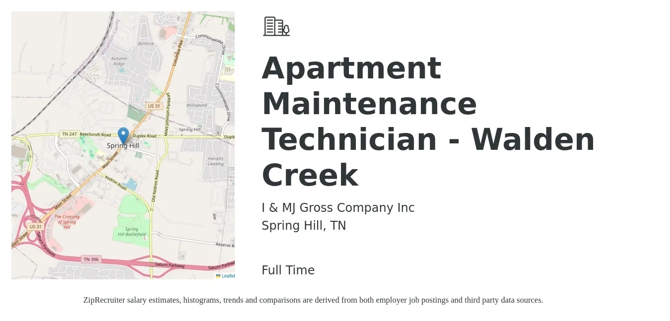I & MJ Gross Company Inc job posting for a Apartment Maintenance Technician - Walden Creek in Spring Hill, TN with a salary of $18 to $21 Hourly with a map of Spring Hill location.