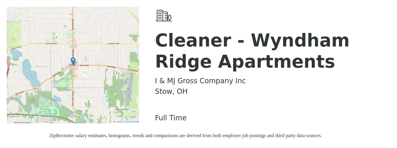 I & MJ Gross Company Inc job posting for a Cleaner - Wyndham Ridge Apartments in Stow, OH with a salary of $13 to $16 Hourly with a map of Stow location.