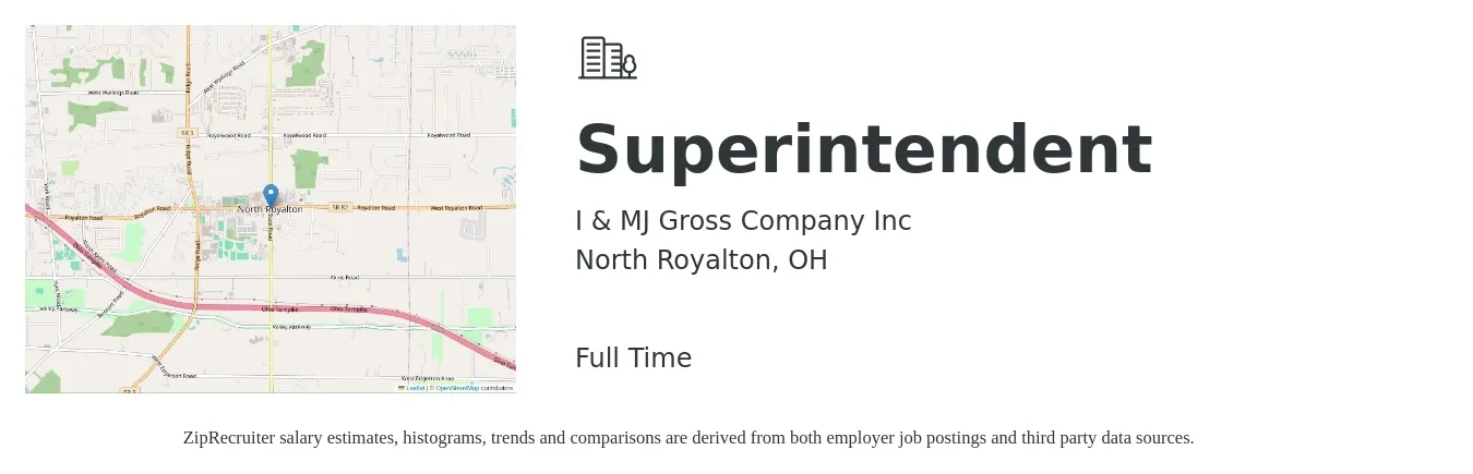 I & MJ Gross Company Inc job posting for a Superintendent in North Royalton, OH with a salary of $68,900 to $112,000 Yearly with a map of North Royalton location.