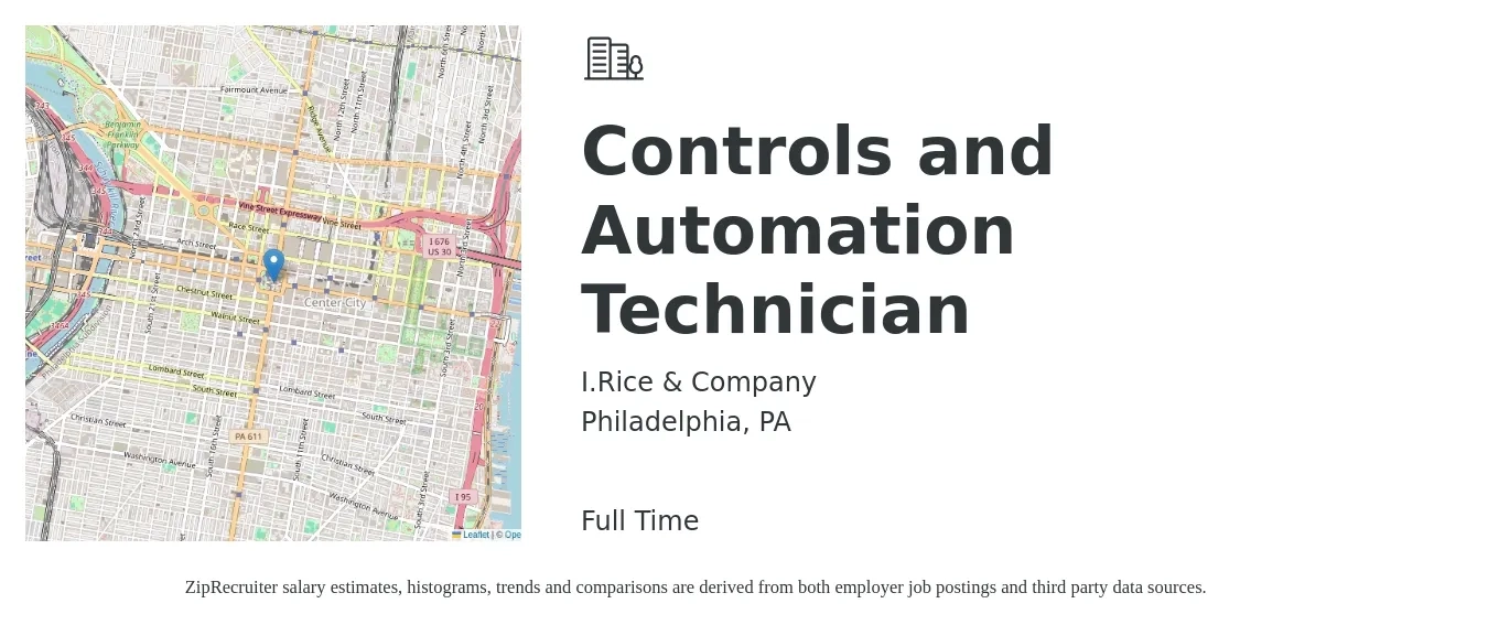 I.Rice & Company job posting for a Controls and Automation Technician in Philadelphia, PA with a salary of $30 to $40 Hourly with a map of Philadelphia location.