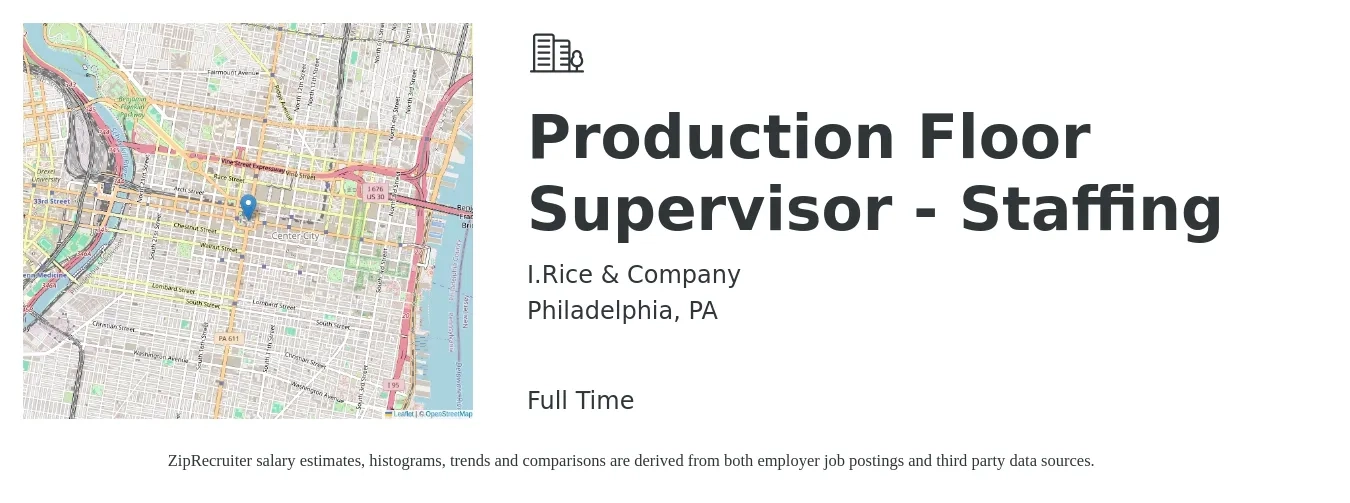 I.Rice & Company job posting for a Production Floor Supervisor - Staffing in Philadelphia, PA with a salary of $56,500 to $81,200 Yearly with a map of Philadelphia location.