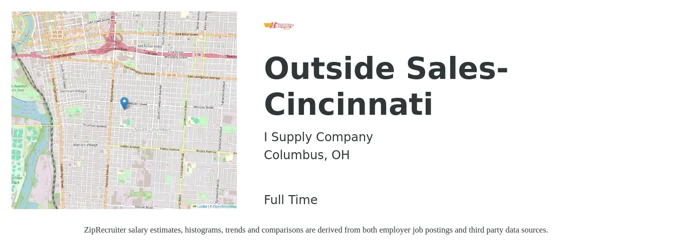 I Supply Company job posting for a Outside Sales-Cincinnati in Columbus, OH with a salary of $49,600 to $85,000 Yearly with a map of Columbus location.