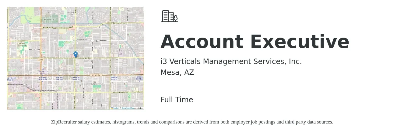 i3 Verticals Management Services, Inc. job posting for a Account Executive in Mesa, AZ with a salary of $51,000 to $89,700 Yearly with a map of Mesa location.