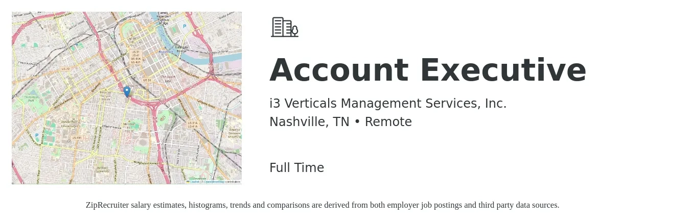 i3 Verticals Management Services, Inc. job posting for a Account Executive in Nashville, TN with a salary of $52,200 to $91,800 Yearly with a map of Nashville location.
