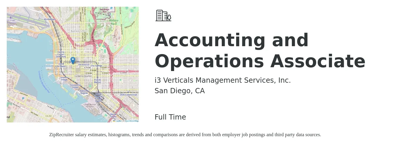 i3 Verticals Management Services, Inc. job posting for a Accounting and Operations Associate in San Diego, CA with a salary of $22 to $31 Hourly with a map of San Diego location.