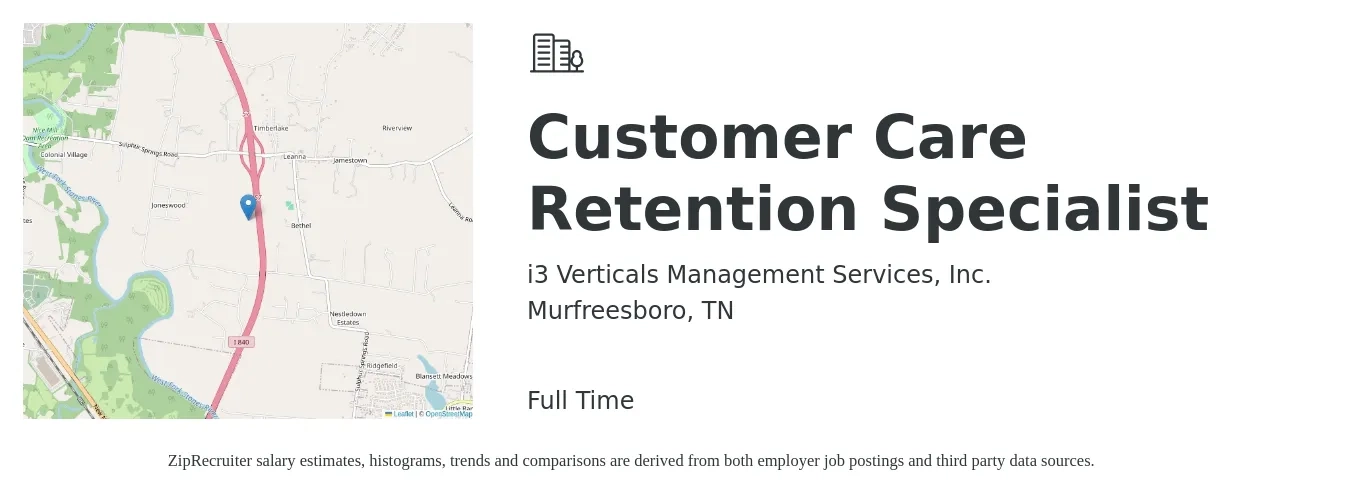 i3 Verticals Management Services, Inc. job posting for a Customer Care Retention Specialist in Murfreesboro, TN with a salary of $13 to $18 Hourly with a map of Murfreesboro location.