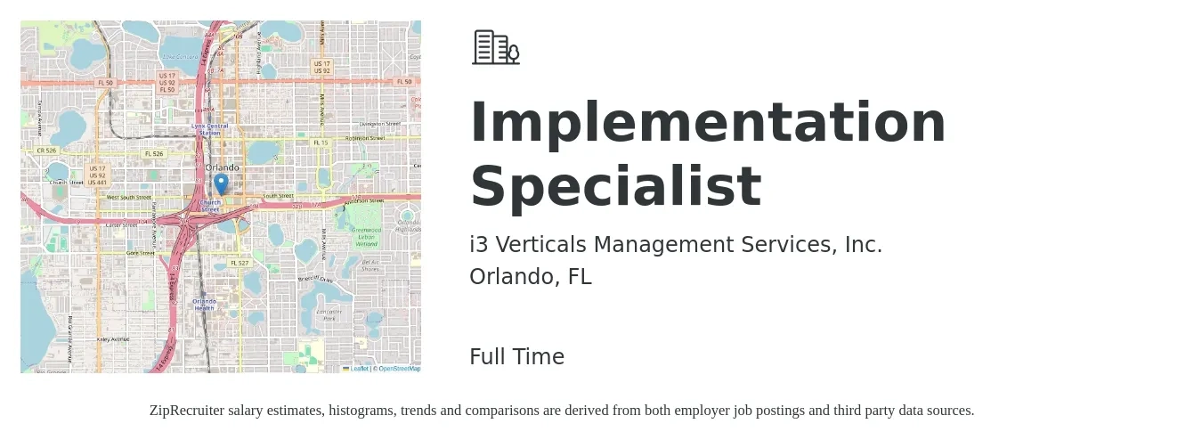 i3 Verticals Management Services, Inc. job posting for a Implementation Specialist in Orlando, FL with a salary of $24 to $34 Hourly with a map of Orlando location.