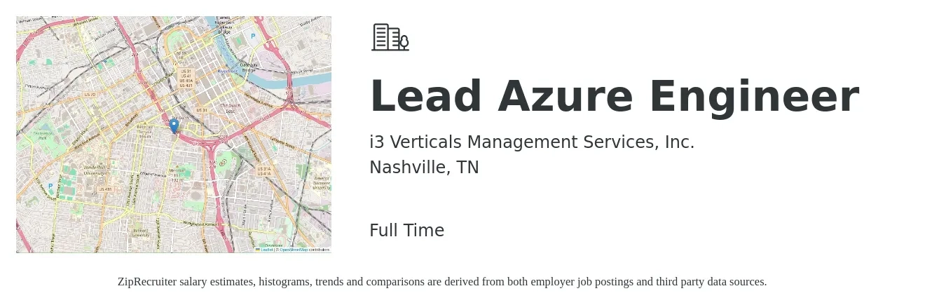 i3 Verticals Management Services, Inc. job posting for a Lead Azure Engineer in Nashville, TN with a salary of $99,100 to $130,500 Yearly with a map of Nashville location.