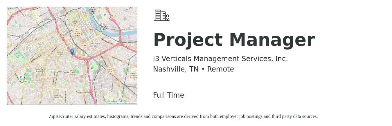 i3 Verticals Management Services, Inc. job posting for a Project Manager in Nashville, TN with a salary of $75,900 to $118,900 Yearly with a map of Nashville location.