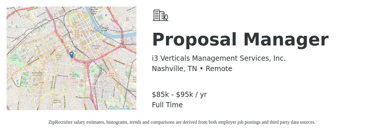 i3 Verticals Management Services, Inc. job posting for a Proposal Manager in Nashville, TN with a salary of $85,000 to $95,000 Yearly with a map of Nashville location.
