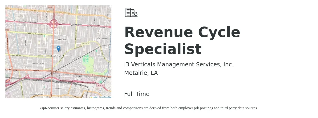 i3 Verticals Management Services, Inc. job posting for a Revenue Cycle Specialist in Metairie, LA with a salary of $46,200 to $76,700 Yearly with a map of Metairie location.
