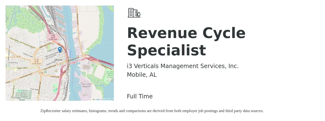 i3 Verticals Management Services, Inc. job posting for a Revenue Cycle Specialist in Mobile, AL with a salary of $49,500 to $82,100 Yearly with a map of Mobile location.