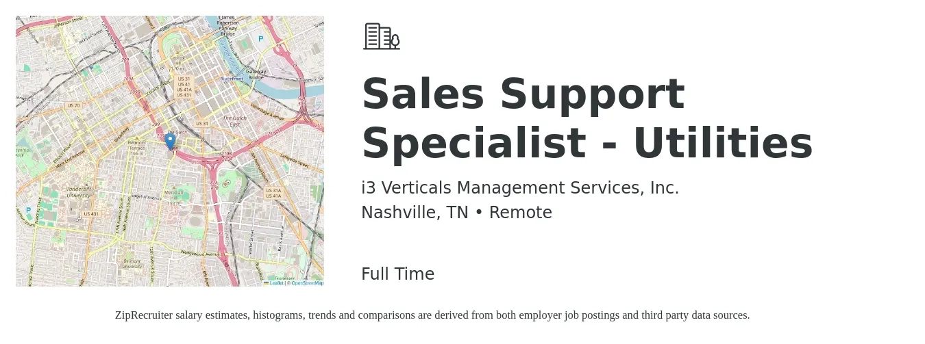 i3 Verticals Management Services, Inc. job posting for a Sales Support Specialist - Utilities in Nashville, TN with a salary of $22 to $30 Hourly with a map of Nashville location.