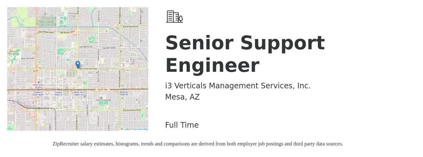 i3 Verticals Management Services, Inc. job posting for a Senior Support Engineer in Mesa, AZ with a salary of $77,000 to $117,600 Yearly with a map of Mesa location.