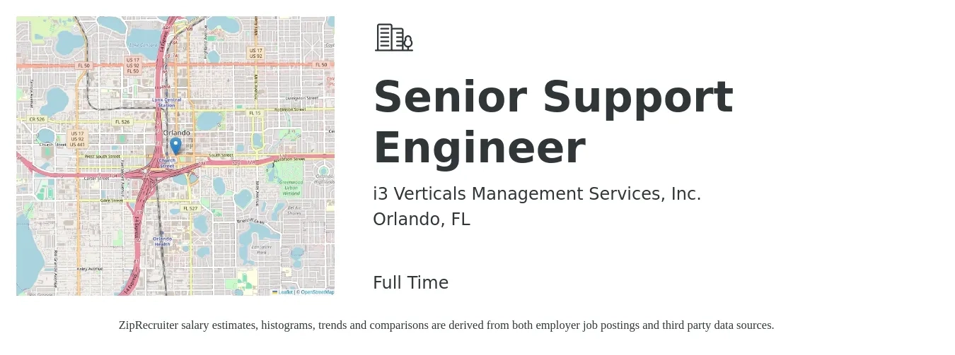 i3 Verticals Management Services, Inc. job posting for a Senior Support Engineer in Orlando, FL with a salary of $76,000 to $116,100 Yearly with a map of Orlando location.