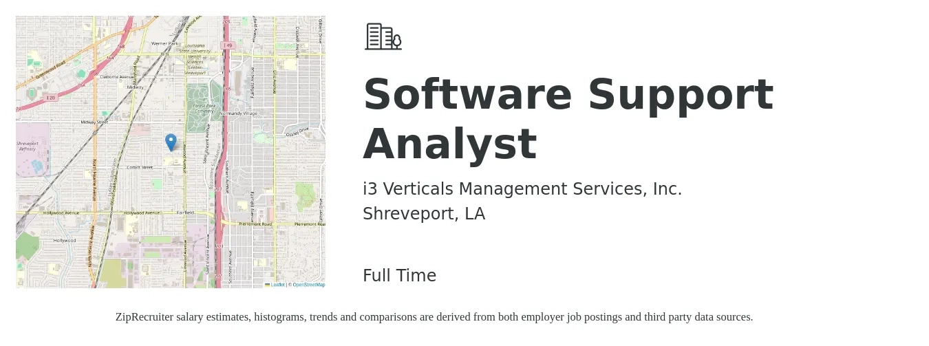 i3 Verticals Management Services, Inc. job posting for a Software Support Analyst in Shreveport, LA with a salary of $18 to $34 Hourly with a map of Shreveport location.