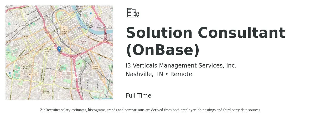 i3 Verticals Management Services, Inc. job posting for a Solution Consultant (OnBase) in Nashville, TN with a salary of $65,700 to $122,800 Yearly with a map of Nashville location.