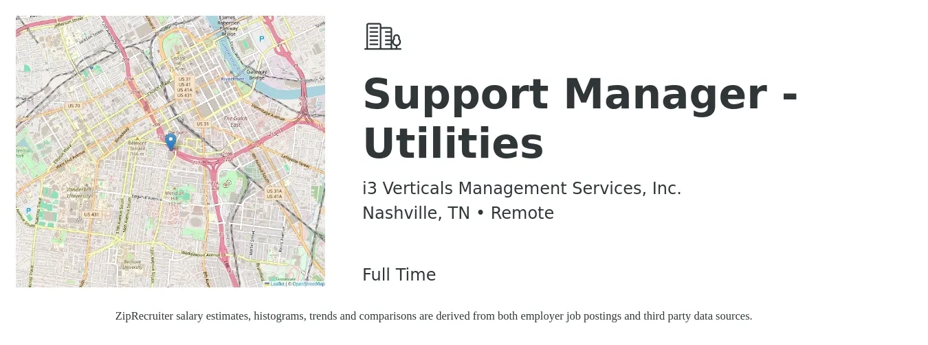 i3 Verticals Management Services, Inc. job posting for a Support Manager - Utilities in Nashville, TN with a salary of $40,600 to $88,000 Yearly with a map of Nashville location.