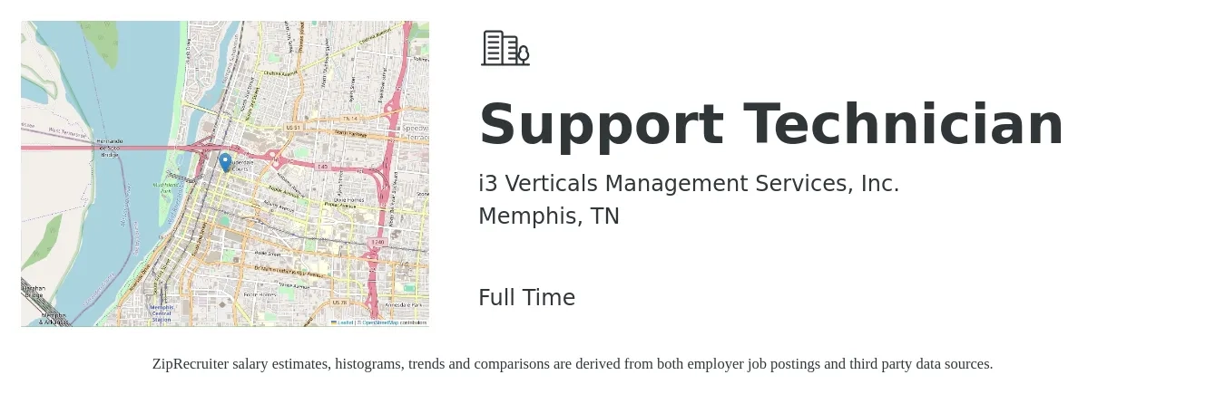 i3 Verticals Management Services, Inc. job posting for a Support Technician in Memphis, TN with a salary of $18 to $26 Hourly with a map of Memphis location.