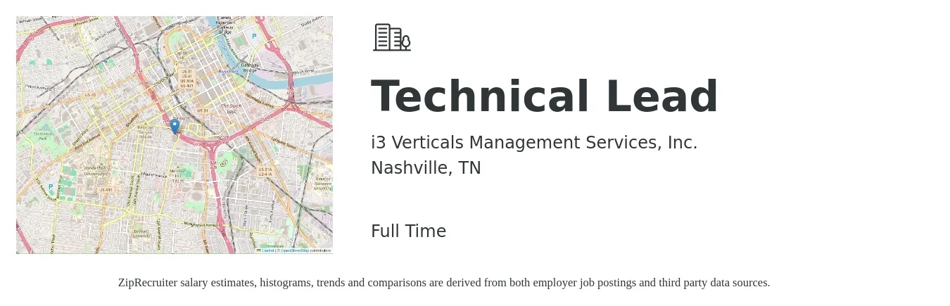 i3 Verticals Management Services, Inc. job posting for a Technical Lead in Nashville, TN with a salary of $112,100 to $198,100 Yearly with a map of Nashville location.