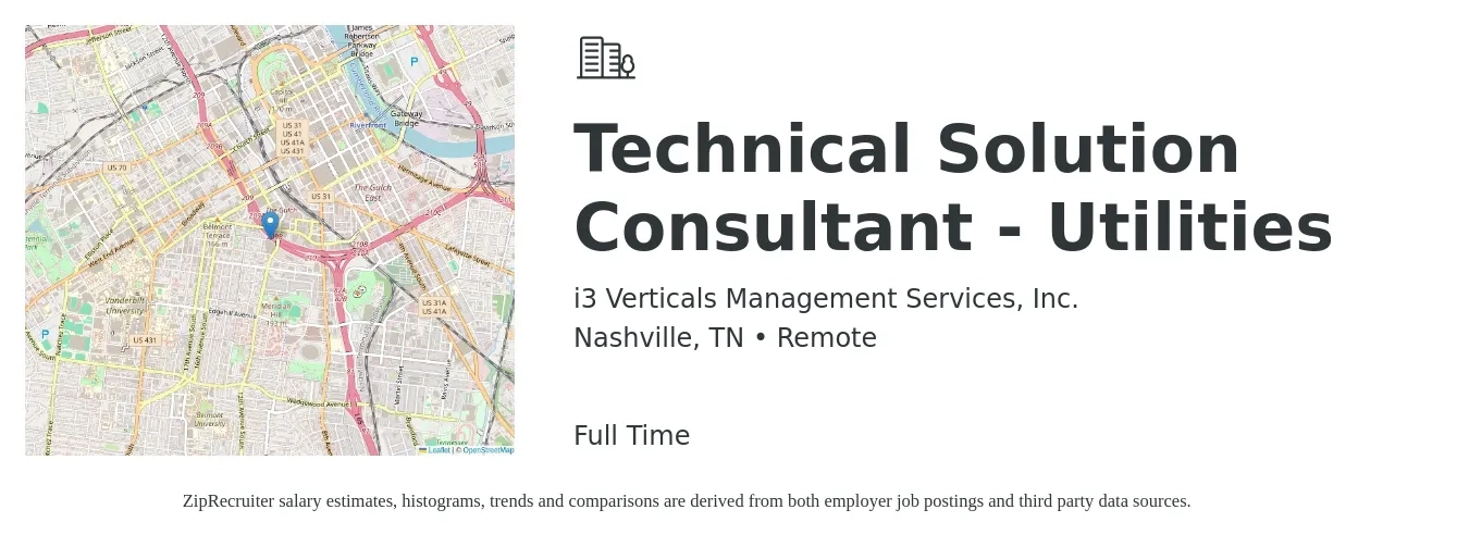 i3 Verticals Management Services, Inc. job posting for a Technical Solution Consultant - Utilities in Nashville, TN with a salary of $48 to $67 Hourly with a map of Nashville location.