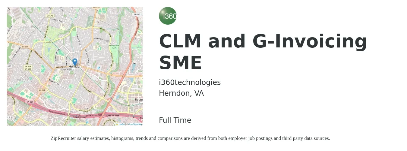 i360technologies job posting for a CLM and G-Invoicing SME in Herndon, VA with a salary of $68,800 to $103,800 Yearly with a map of Herndon location.