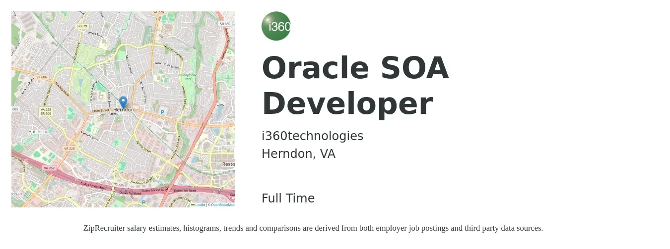 i360technologies job posting for a Oracle SOA Developer in Herndon, VA with a salary of $57 to $69 Hourly with a map of Herndon location.