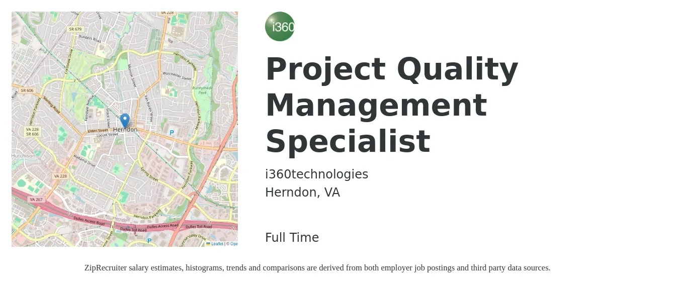 i360technologies job posting for a Project Quality Management Specialist in Herndon, VA with a salary of $38 to $67 Hourly with a map of Herndon location.