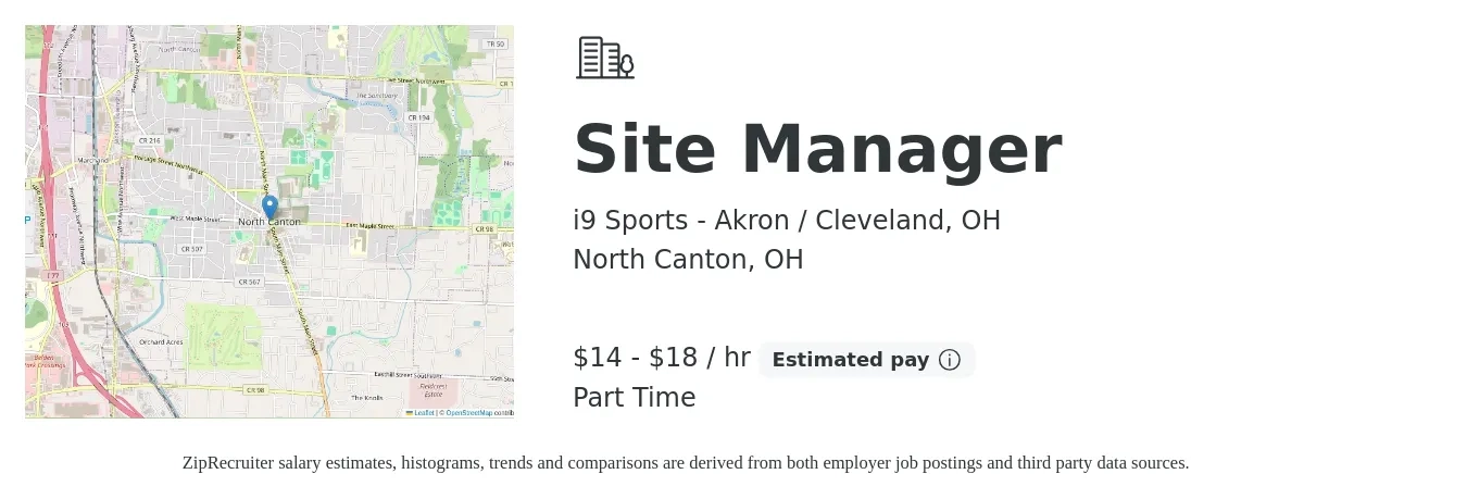 i9 Sports - Akron / Cleveland, OH job posting for a Site Manager in North Canton, OH with a salary of $15 to $19 Hourly with a map of North Canton location.