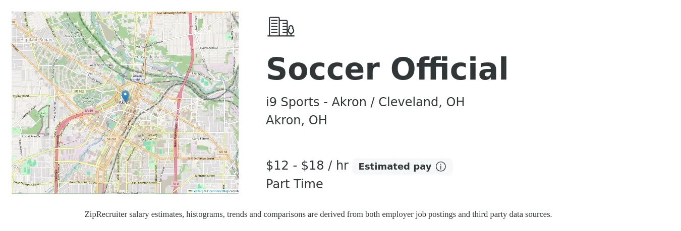 i9 Sports - Akron / Cleveland, OH job posting for a Soccer Official in Akron, OH with a salary of $13 to $19 Hourly with a map of Akron location.