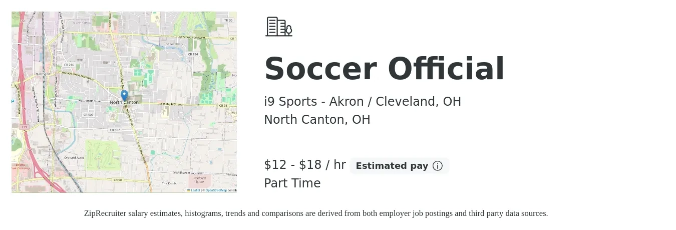 i9 Sports - Akron / Cleveland, OH job posting for a Soccer Official in North Canton, OH with a salary of $13 to $19 Hourly with a map of North Canton location.