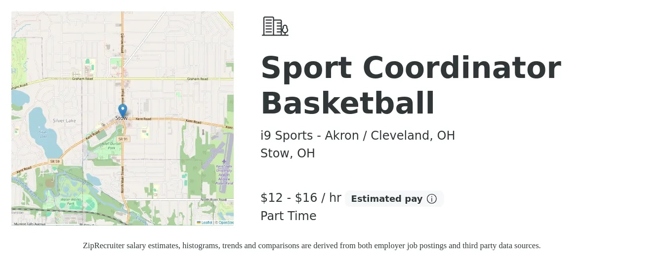 i9 Sports - Akron / Cleveland, OH job posting for a Sport Coordinator Basketball in Stow, OH with a salary of $13 to $17 Hourly with a map of Stow location.