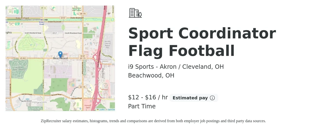i9 Sports - Akron / Cleveland, OH job posting for a Sport Coordinator Flag Football in Beachwood, OH with a salary of $13 to $17 Hourly with a map of Beachwood location.