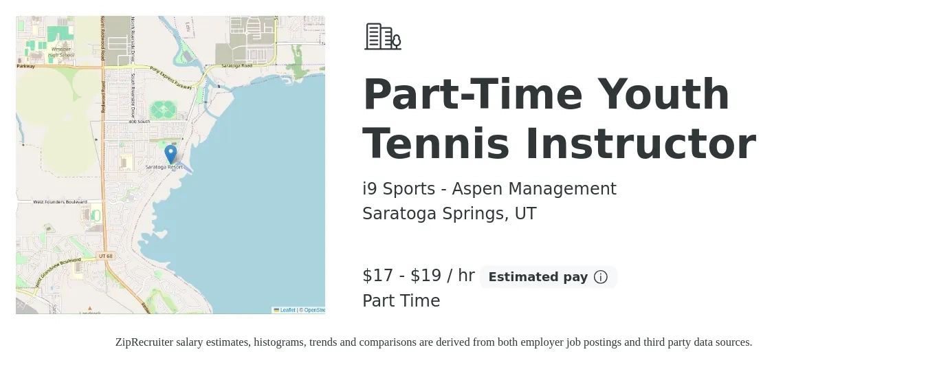 i9 Sports - Aspen Management job posting for a Part-Time Youth Tennis Instructor in Saratoga Springs, UT with a salary of $18 to $20 Hourly with a map of Saratoga Springs location.