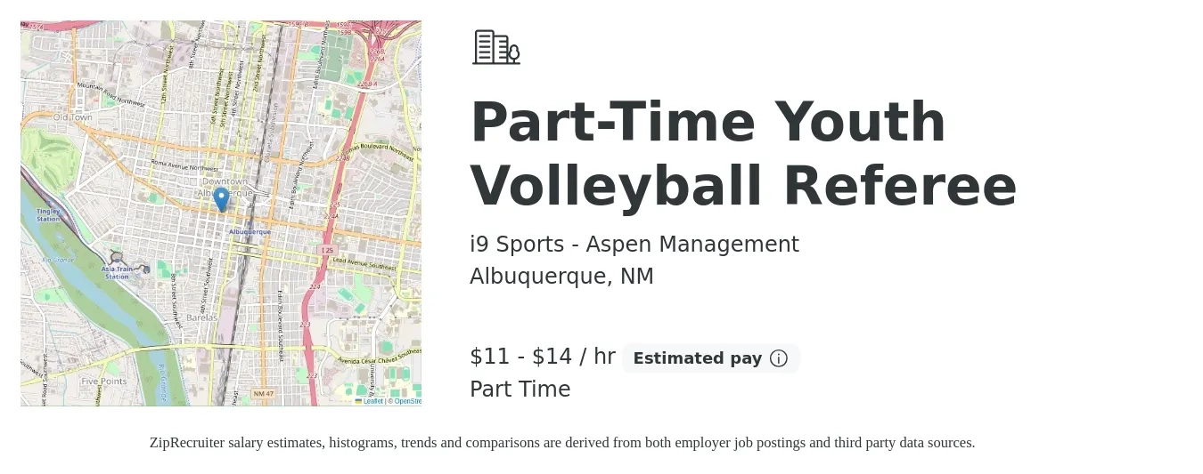 i9 Sports - Aspen Management job posting for a Part-Time Youth Volleyball Referee in Albuquerque, NM with a salary of $12 to $15 Hourly with a map of Albuquerque location.