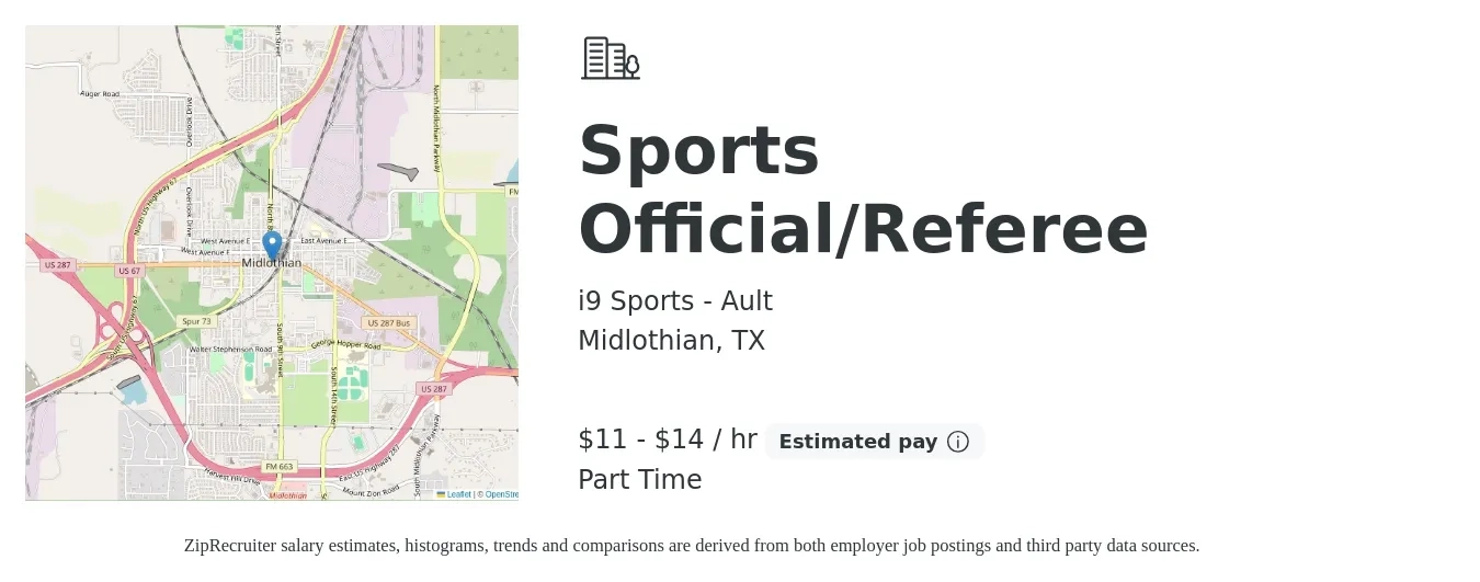 i9 Sports - Ault job posting for a Sports Official/Referee in Midlothian, TX with a salary of $12 to $15 Hourly with a map of Midlothian location.